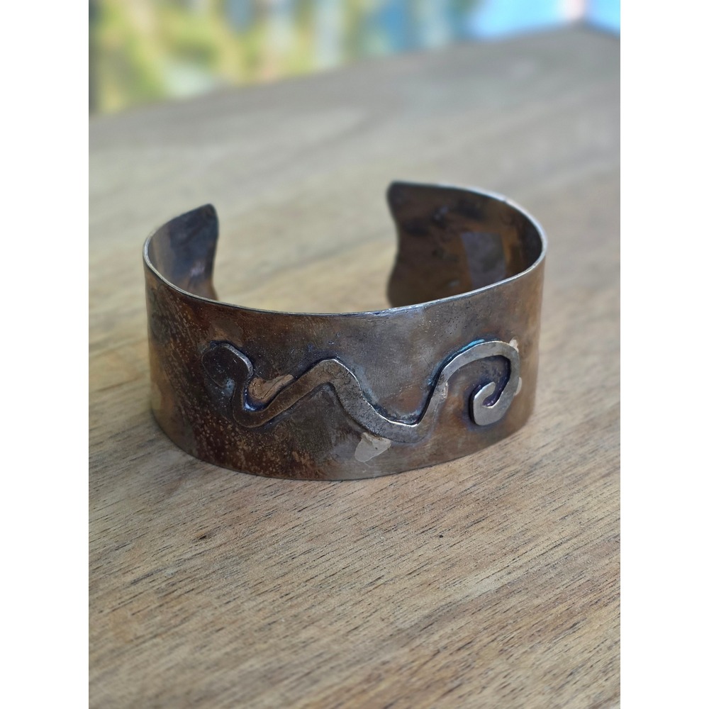 Vintage Artisan Mixed Metal Cuff Bracelet Wavy Applied Wire Design Patina Wide